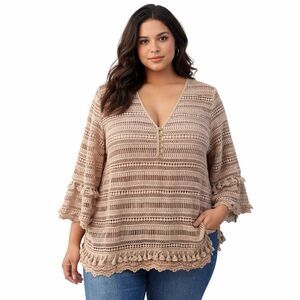 Soft Surroundings Tunic Blouse Womens Large Beige Crochet Boho V Neck Top